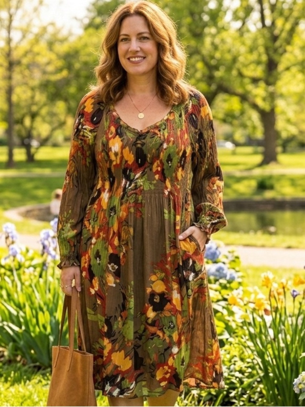 Signature by Robbie Bee Floral Pleated Midi Dress 16 Boho Floral Earthy Smocked